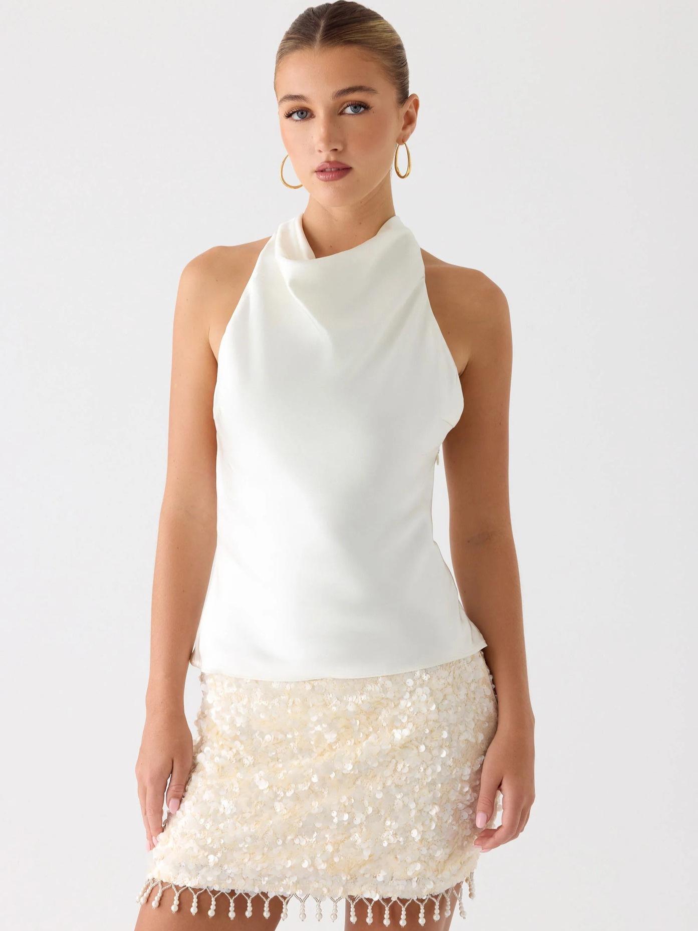 

Women s Sleeveless Halter Top - European and American Style Small білий