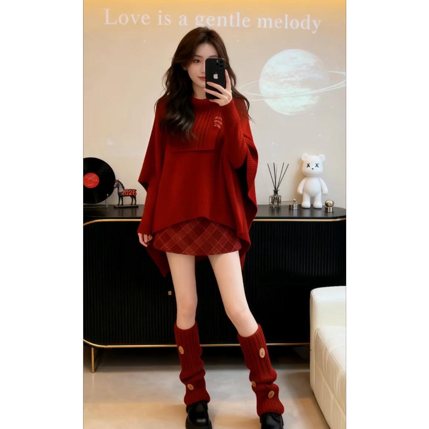 

2026 High-End Women s Age-Reducing Red Knit Pullover & Plaid Skirt Set M (95-105 jin)