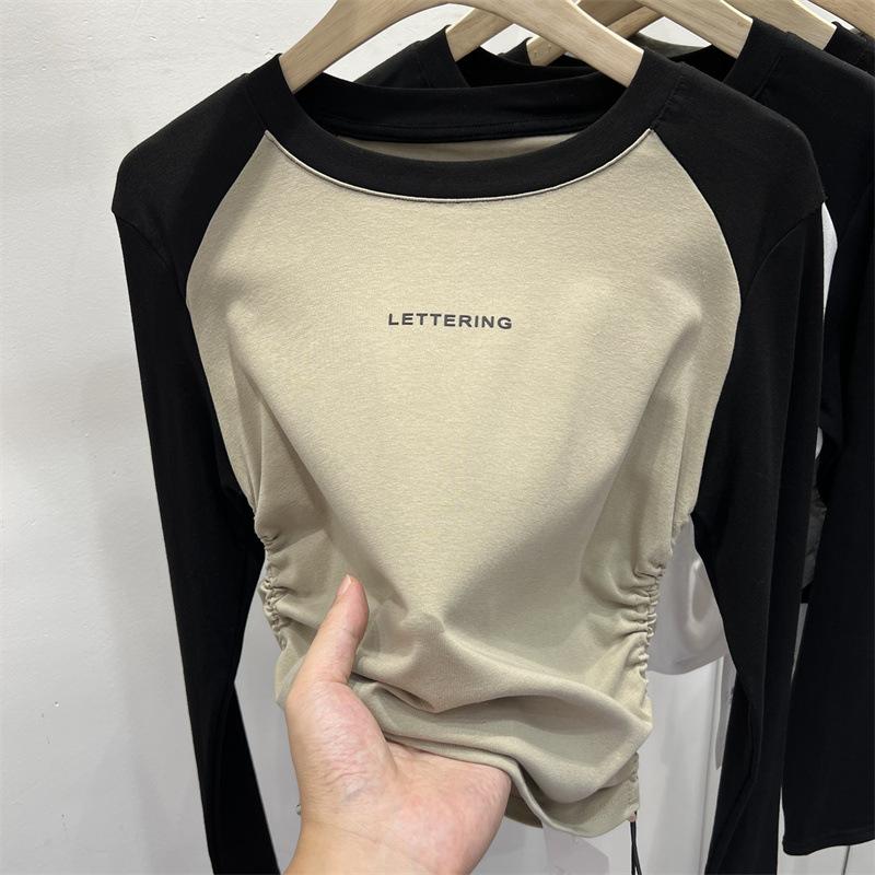 Spice Girl Fat Mm Side Pleated Skinny Contrast Color Crew Neck Shoulder Long Sleeve T-Shirt Women's Autumn Bottom Shirt