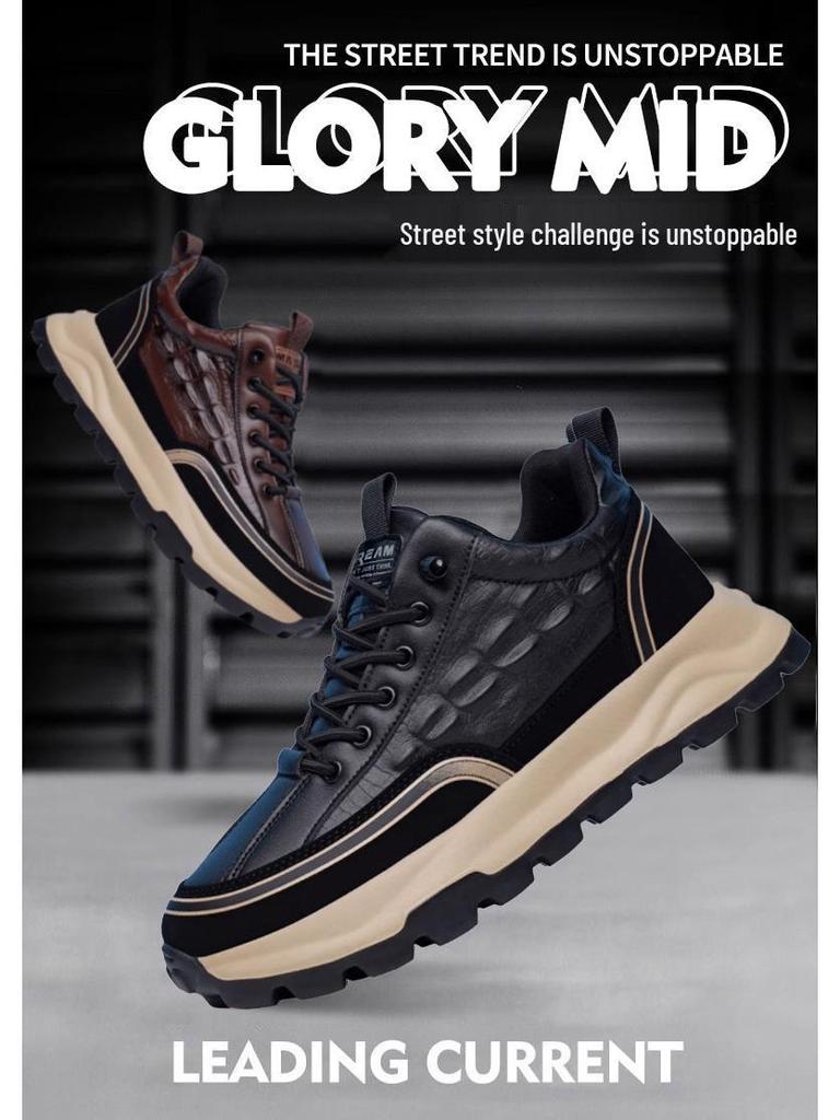 Men's Crocodile Pattern Leather Low-Top Skate Shoes - Trendy, Thick-Soled, Casual Hong Kong Style