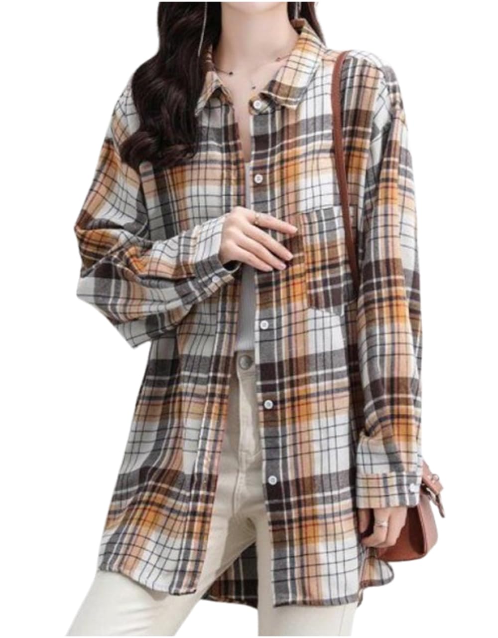 

Check Lightweight Flannel Long Casual Check Everyday Long and Comfortable Beige MRL01-BEL Women s Shirt, Shirt, Sleeve, Top, Spring/Autumn, Pattern, бежевый