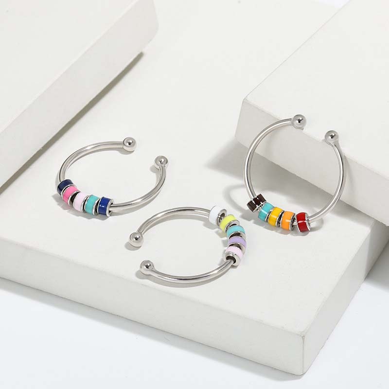 Yerik Stainless Steel Drip Oil Rotate Bead Anxiety Rings for Women Fashion Colorful Enamel Unisex Fidget Ring Trendy Jewelry