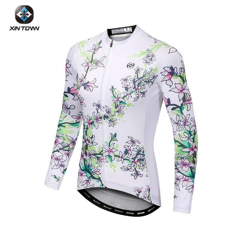 Womens Long Sleeve Cycling Jersey Set Printed Biking Suit Moisture Wicking Road Riding