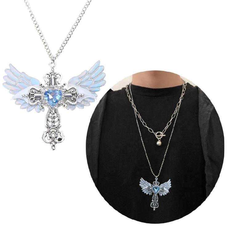European and American Street Blue Gem Angel Crossed Clavicle Chain Necklace