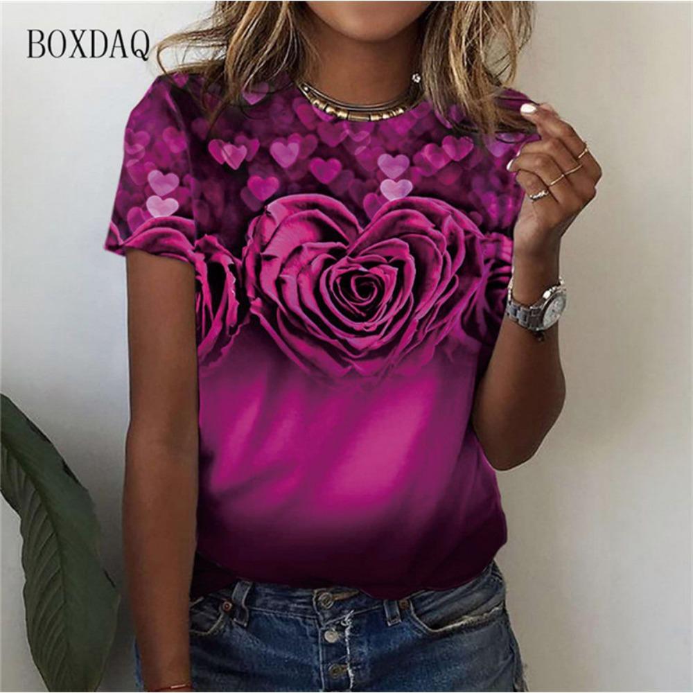 Love Heart Floral Pattern Women Fashion T-Shirts Summer Short Sleeve 3d Print Street Trend Ladies Tees Casual Tops