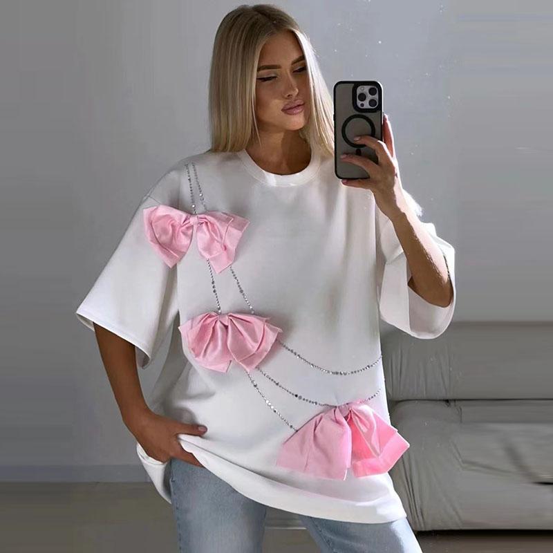 

Футболка из цельного хлопка с 3D-бантом, женская, с коротким рукавом и круглым вырезом, со стразами, женская, новая весенняя модная дизайнерская футболка XL белый