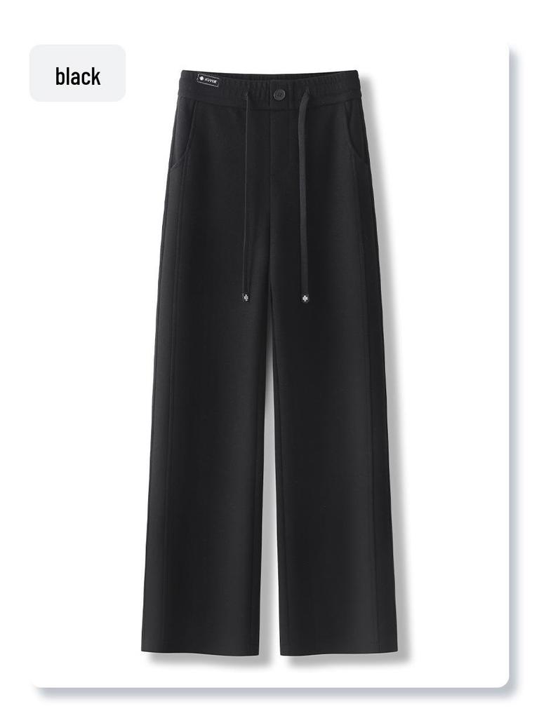 Women's 2024 Apricot Wool Blend High-Waisted Straight-Leg Cropped Pants - Casual, Loose, and Slimming for Autumn/Winter.