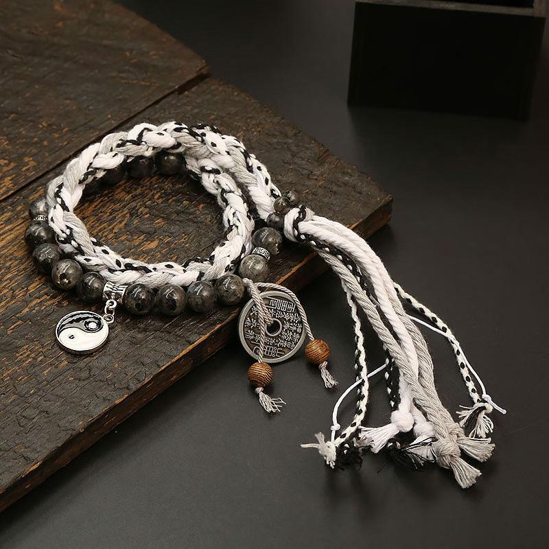 Handmade Braided Bracelets For Women Men Chinese Yin-Yang Peace Charm Double Layer Stackable Bead Bangle Adjustable Jewellery