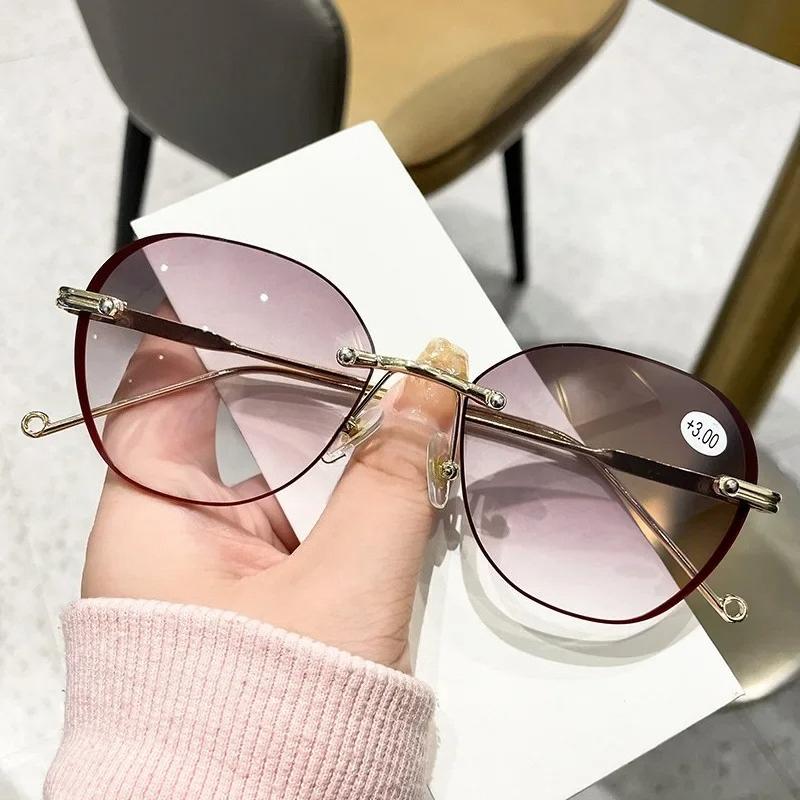 

Women Men Luxury Rimless Reading Glasses Fashion Design Round Gradien Eyewear Trendy New Ladies Far Sight Eyeglasses Degrees +3.0
