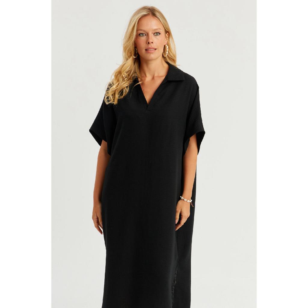 Women's Black Linen Midi Dress Dmr85