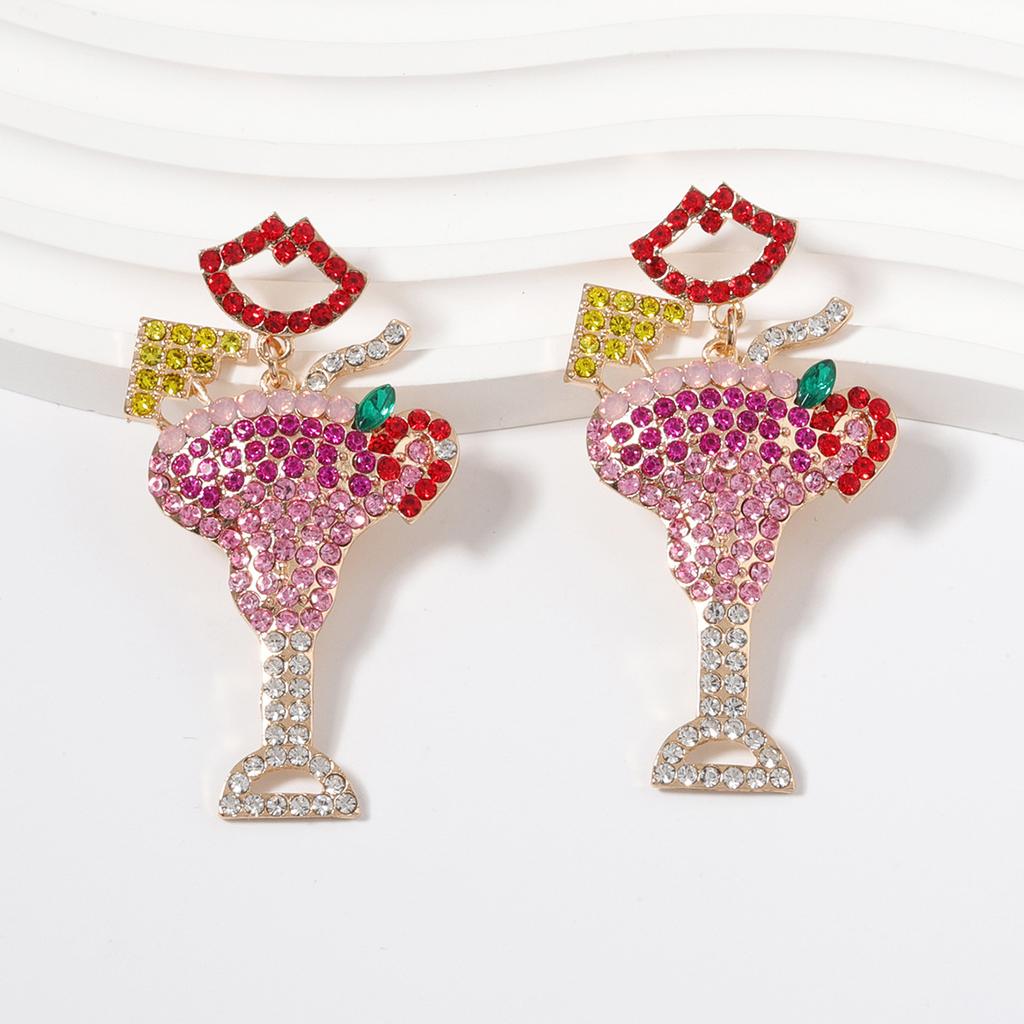 European and American Fashion Design Personalized Color Diamond-encrusted Alloy Cocktail Cup Earrings New Red Lip Stud Earrings Women