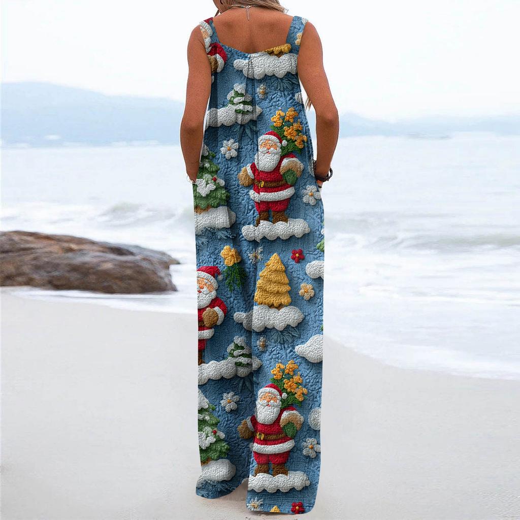 Women's Christmas Print Solid Wide Leg Strapless Tank Pocket Casual Onesie