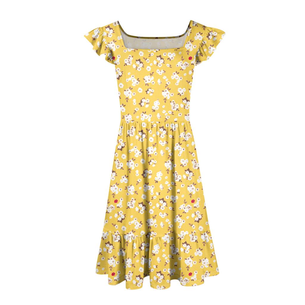 Damen Sommer Casual Square Neck Kleid mit Taschen Süßes ärmelloses A-Linien-Westen-Midikleid mit hoher Taille