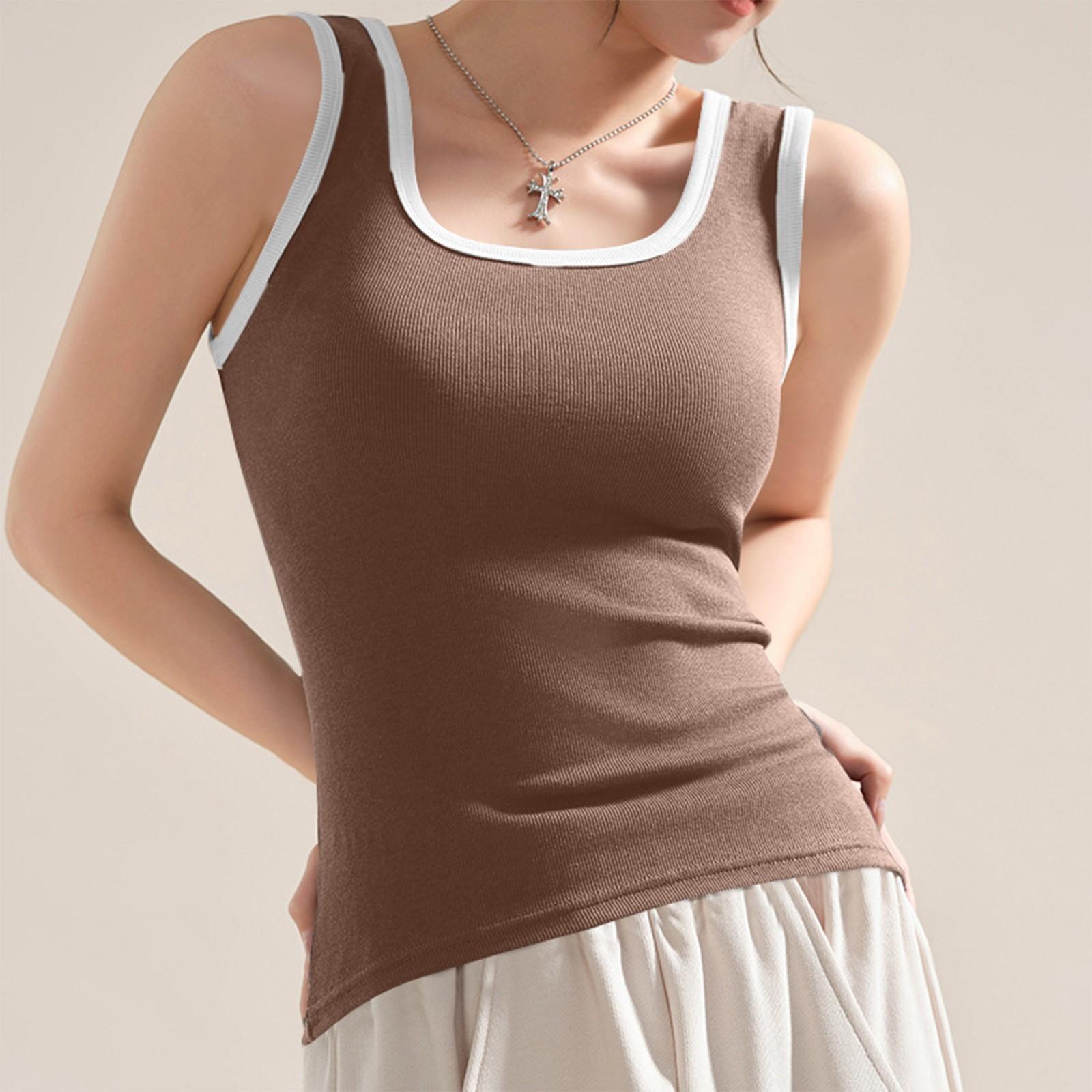 

Женская модная однотонная футболка с контрастной строчкой и жилетом S кофейный