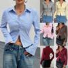 Nova Moda Casual de Outono Camisa Blusa de Manga Comprida Listrada com Decote em V para Mulheres, Estilo Europeu e Americano