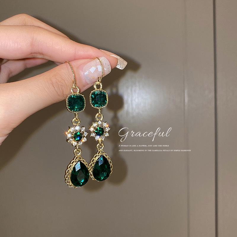 Emerald & Diamond-Inlaid Flower Zircon Water Drop Earrings: Retro, Luxury Ear Hooks for Women