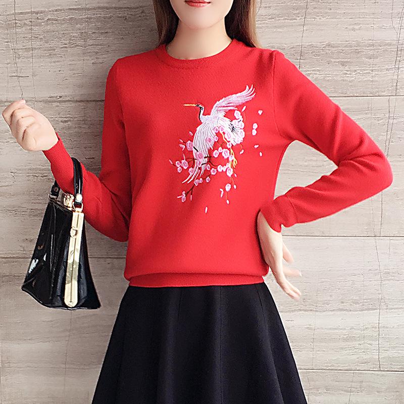 2023 Women's Autumn Embroidered Crane Knit Pullover: Slimming Long Sleeve Base Layer Top
