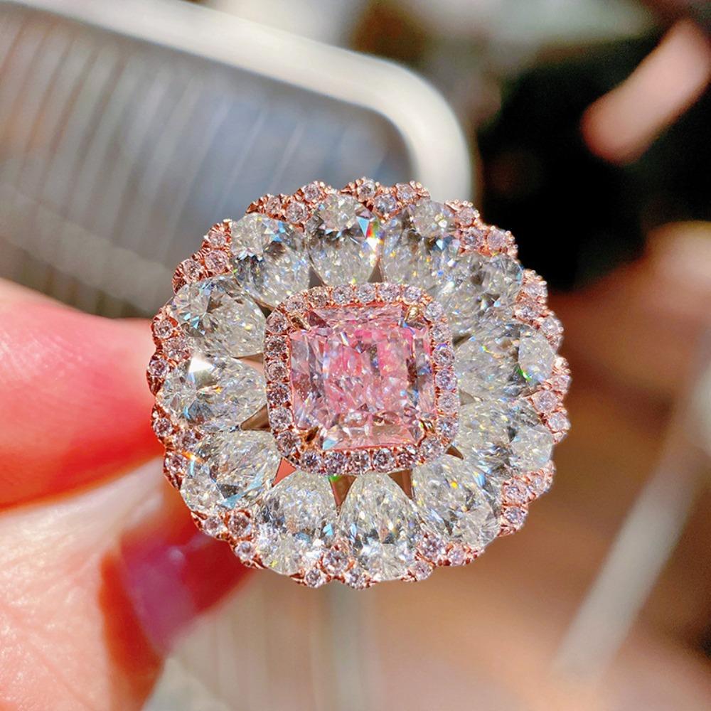 

Women Argyle Pink Cushion Diamond Ring Sparkling Cherry Blossom Colorful Gemstone Jewelry adjustable