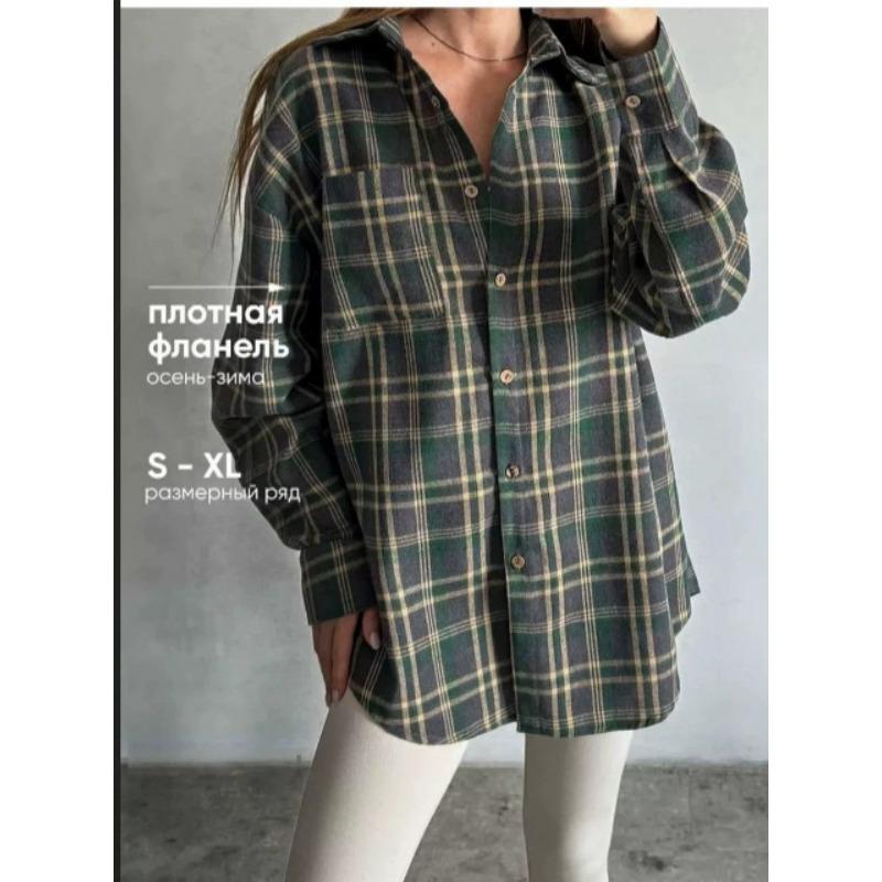 DAFIFY  Women's Fashion Casual Spring Autumn Plaid Print Long Sleeve POLO Neck Blouses & Shirts