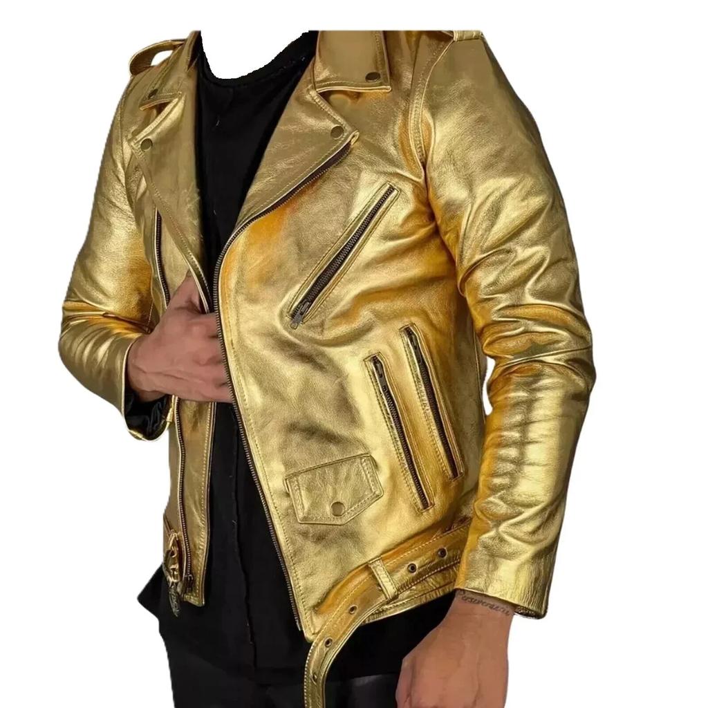 Stylish Motorcycle Men's Jacket Golden Leather Handmade Genuine Lambskin Warm Soft