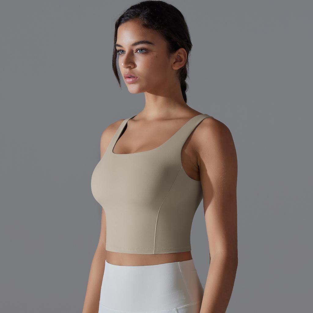 New Naked One Piece Fixed Cup Yoga Clothing For Women, Sleeveless Short Sports Underwear, Wide Shoulder Strap Yoga Tank Top