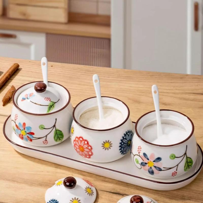 4 Piece Ceramic Spices Container Set Includes Decorative Tray Durable Kitchens Organizers for Spices Condiments