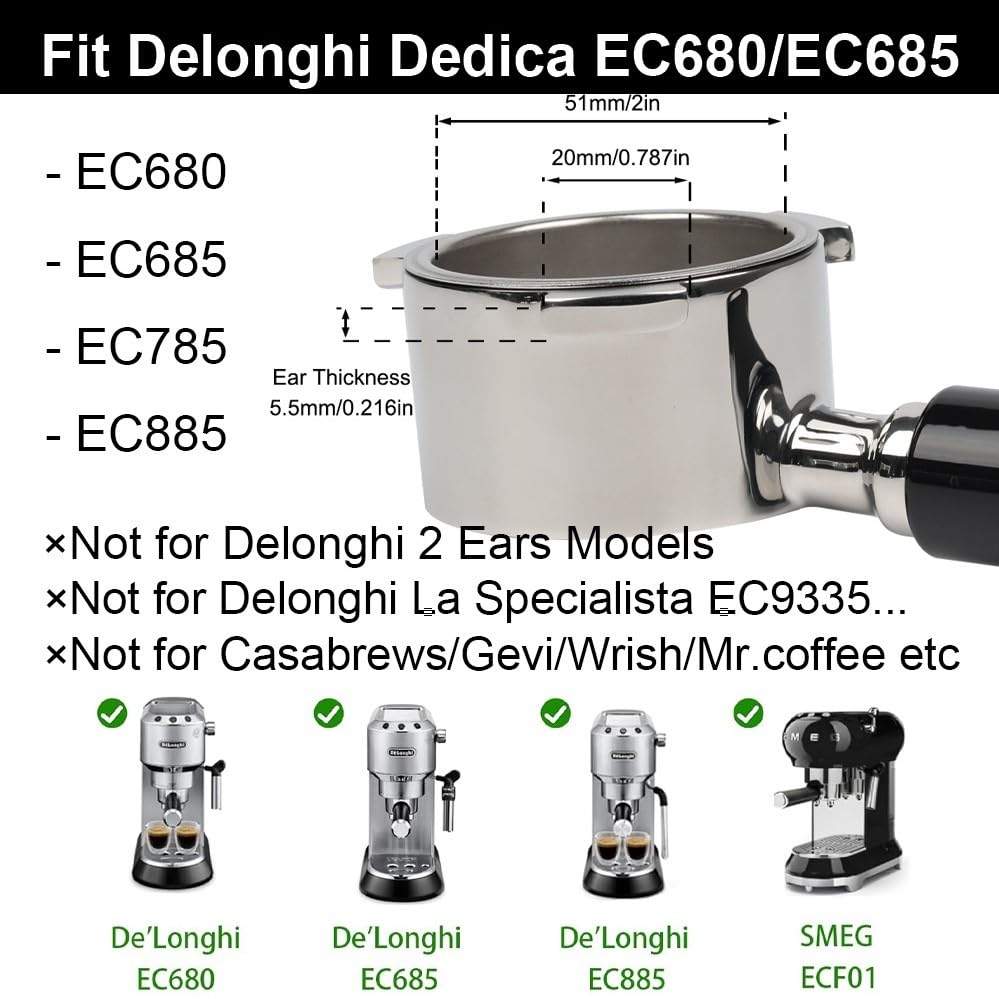 51mm Bottomless Portafilter 3 Year for DeLonghi Dedica EC680/EC685/EC785/EC820/EC850/EC860/EC885 with Double Shot Capacity Cup, Sieve Filter Basket