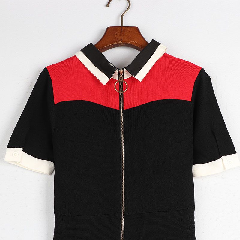 Sunshine House Summer New Arrival K-style Women's Lapel Color Matching Short Sleeve Zipper Knitting Dress A- line Skirt