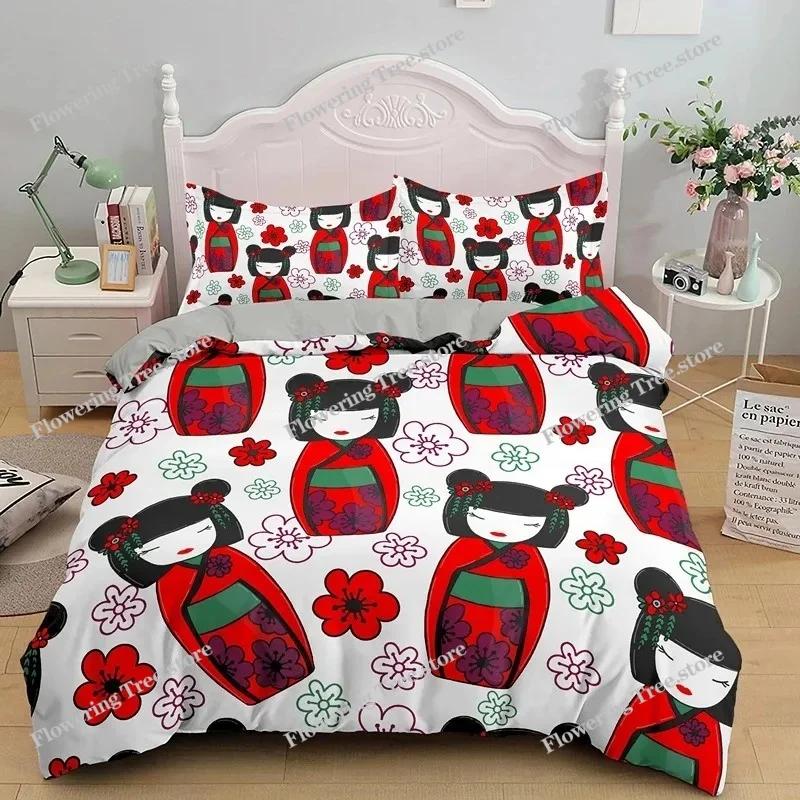 Japanese Doll Duvet Cover King Queen Lucky Cat Fan Bedding Set for Kids Girls Asian Japan Cultural Polyester Quilt Cover