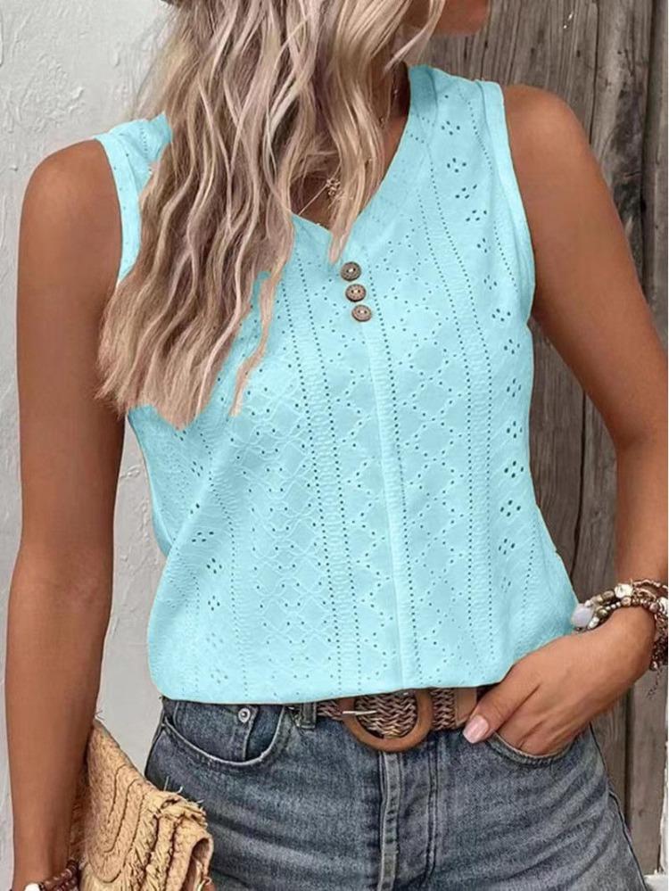 

Women Summer Tshirt Casual Round Neck Buttoned Vest Top Solid Color European American Style New 3XL небо синє кольору