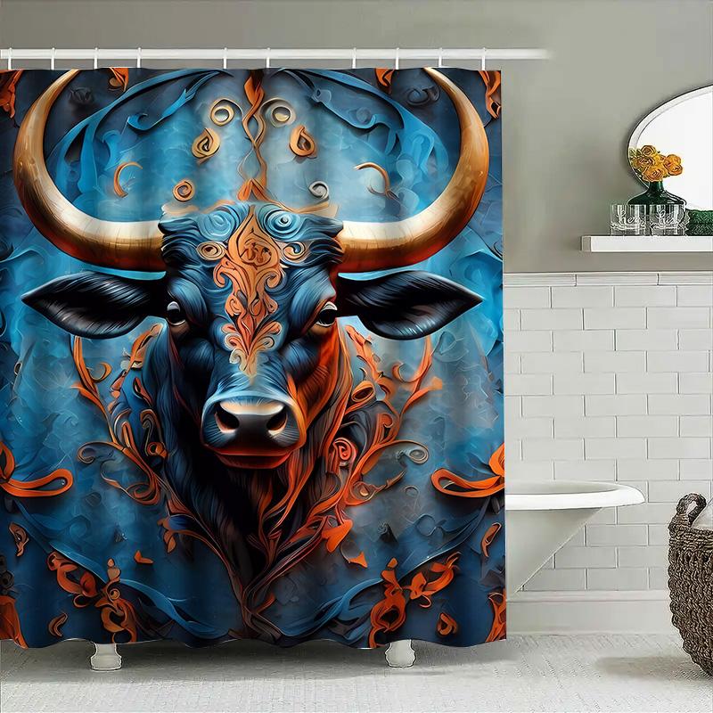 Modern Bull Bath Mat Decor Shower Curtain Fabric Waterproof Bathroom Wall Hanging With Abstract Blue Gold Orange Leaf Floral Pat