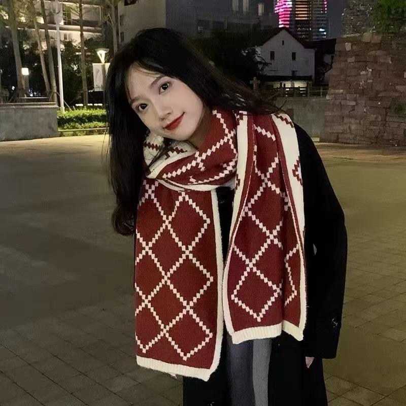 Korean Birthday Gift Knitted Christmas Red Scarf Women's Winter Warmth High-end Wool Plaid Scarf Men's Autumn