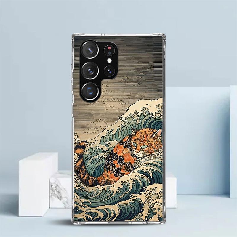 Anime Cat Sea Wave Aesthetic Phone Case For Samsung Galaxy S24 S25 Edge S26 Ultra S22 S23 Plus S21 + S20 FE Soft TPU Back Cover