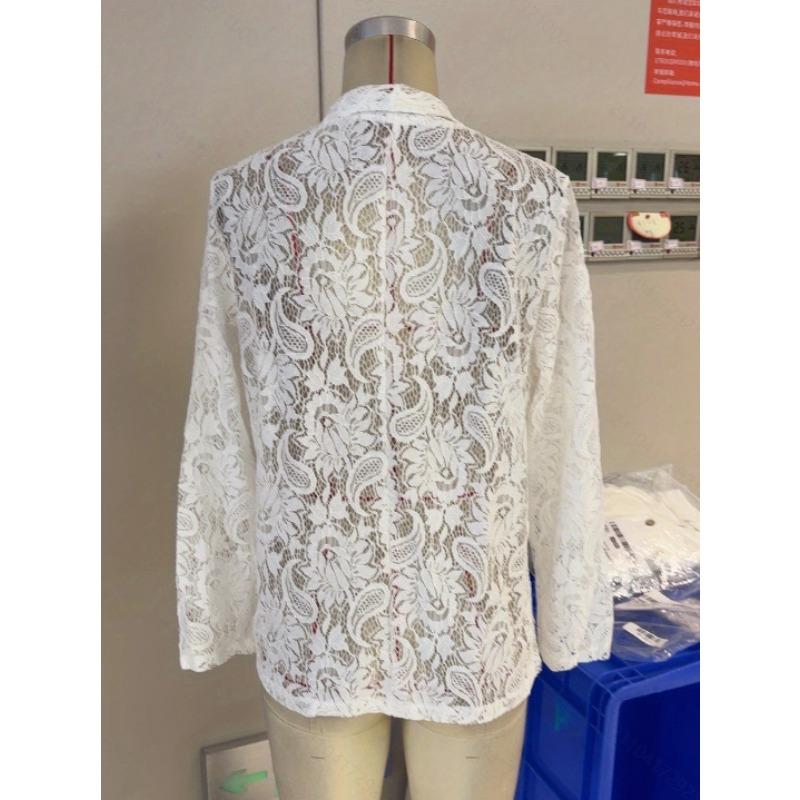 Spring Summer Fashion Lace Women Shirt Jacket Solid Color Loose Elegant Hollow Out Thin See Through Office Blouse Short Coats Female Casual Clothing