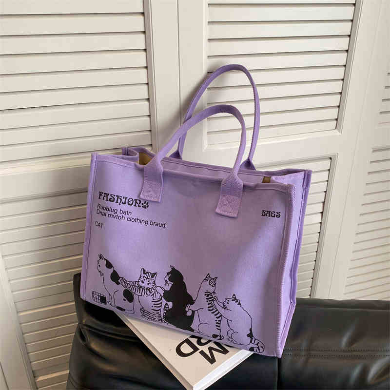 Sac Cabas en Toile Carto Cat Décontracté Simple Étudiant Voyage Sacs à Main Coréen Grande Capacité Femme Trajet Quotidien Sac à Bandoulière Unique