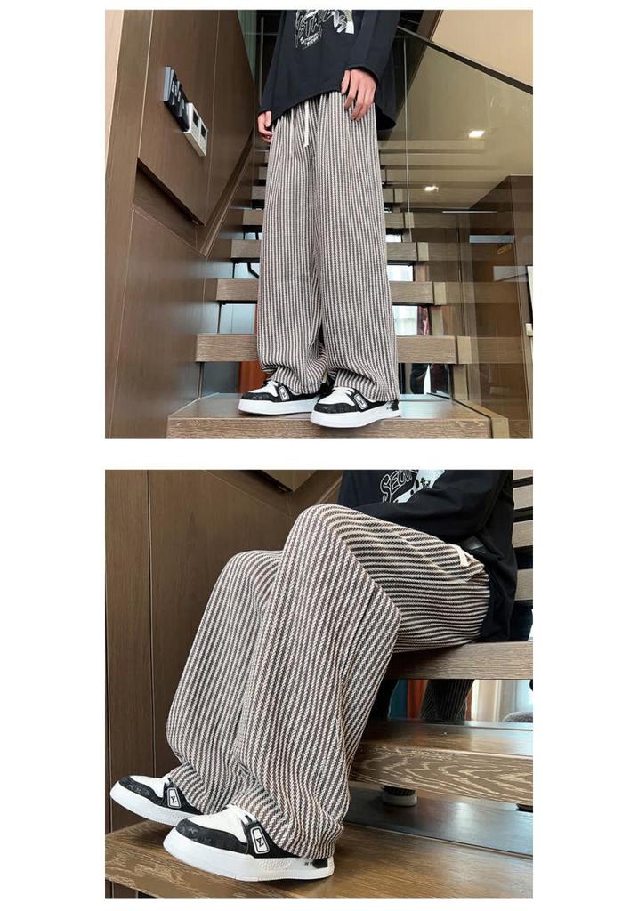 Unisex Black & White Striped Drapey Straight-Leg Pants, 2024 Spring/Autumn Wear-Resistant Casual Pants for Teens