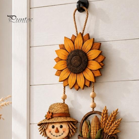 Seasonal Holiday Party Supplies Autumn Harvest Wooden Hanging Sign, Rustic Farmhouse Door Sign with Tassels and Wood Beads, Decorative Wheat Ear Corn