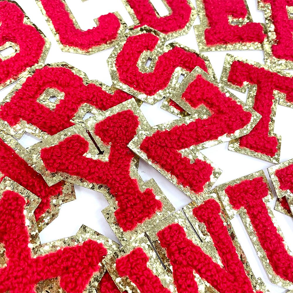 Red A-Z Chenille Embroidery Letter Patches, 5cm Self-Adhesive for DIY Clothing.