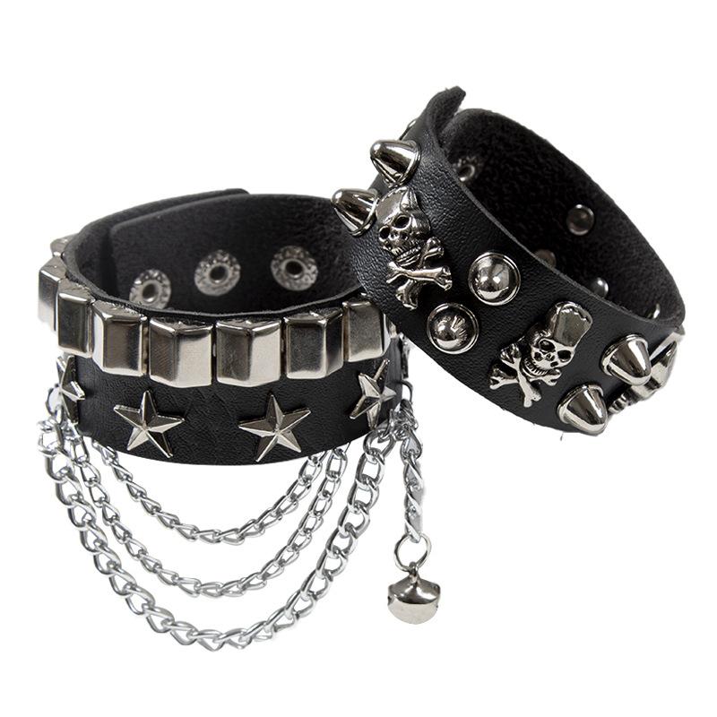 PU Leather Skull Studded Bracelet Punk Spike Rivets Cuff Black Wristband Bracelet for Rock - Themed Events Festival Hombre
