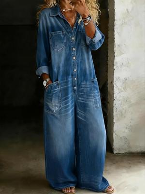 Retro Europese en Amerikaanse Wijde Denim Jumpsuit met Kraag Lange Mouwen