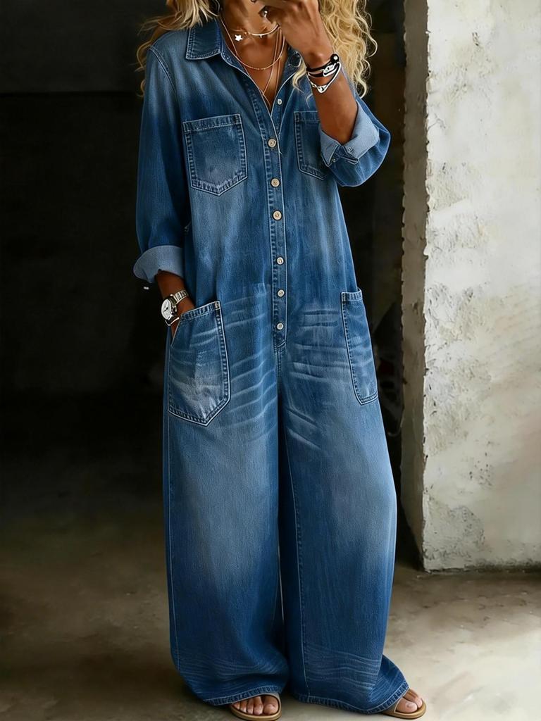 Retro European and American Wide-Leg Denim Jumpsuit with Lapel Long Sleeves