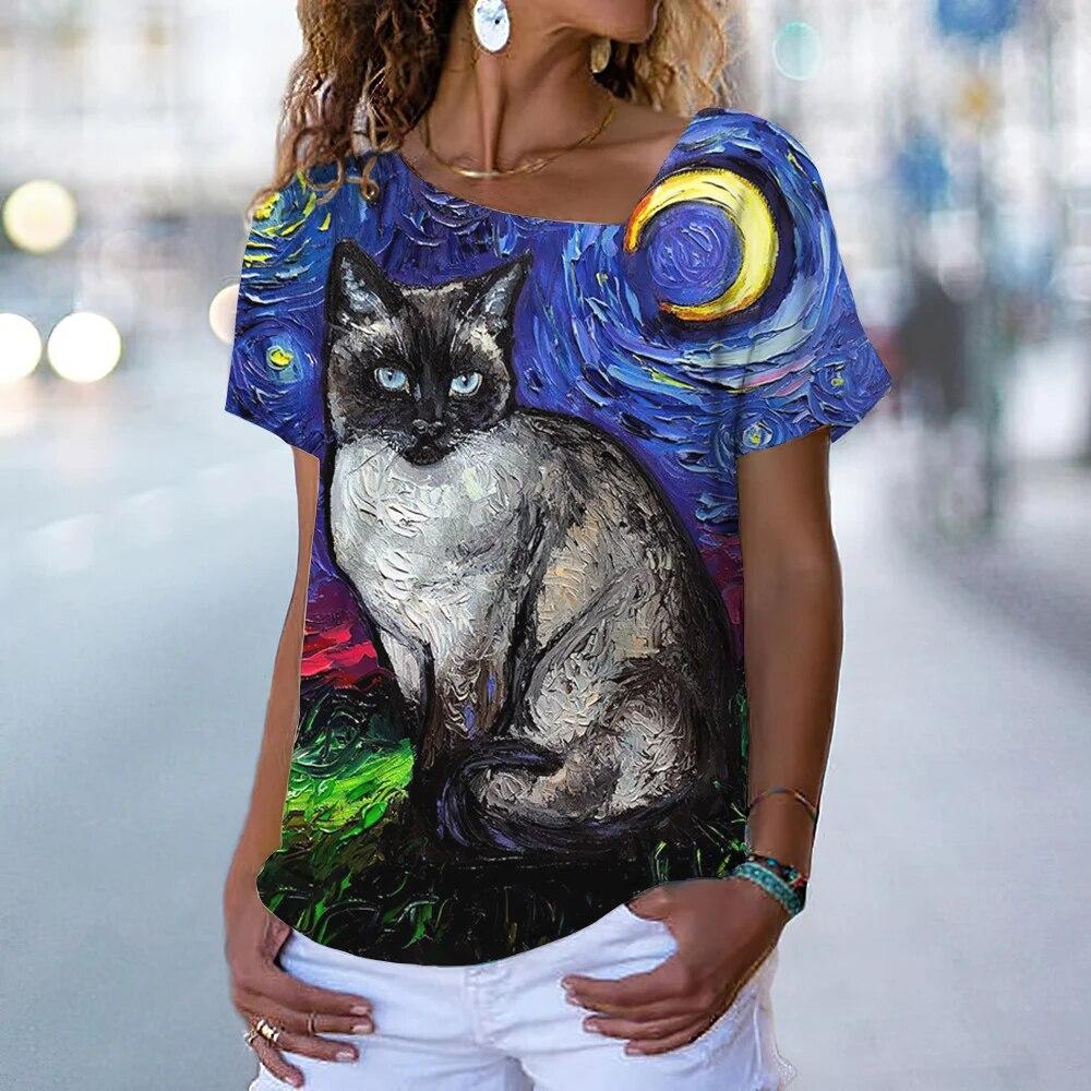 Cartoon Kätzchen Gedruckt frauen T-shirt Tops Sommer Mode Streetwear Slash Neck Casual Kurzarm Bluse Weibliche Harajuku Tees