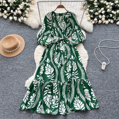 Elegant Lantern Sleeves Vintage V-neck Chic Print Slim Bandage A-line Long Dresses French Evening High Street Autumn Clothing