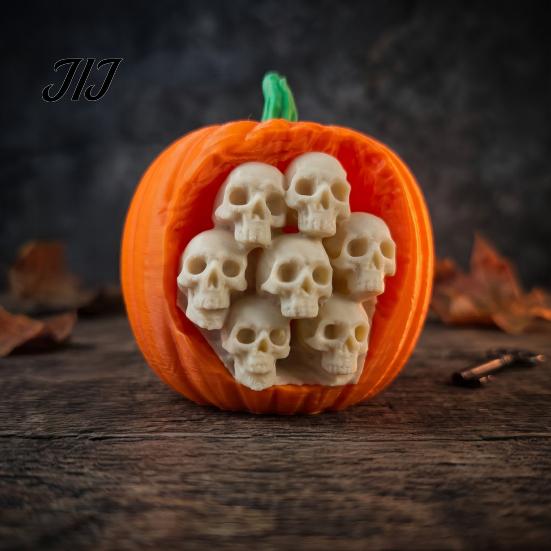 Decorative Skull Fruit Shells Halloween Pumpkin Apples Statue, 3D Printed Spooky Figurine with Creepy Miniature Home Ornaments Embedded Skulls,