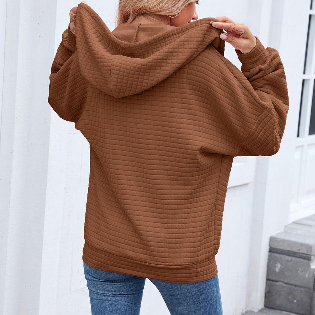 Women's Fashionable Solid Color Zipper Long Sleeved Hooded Pocket Sweatshirt Jacket