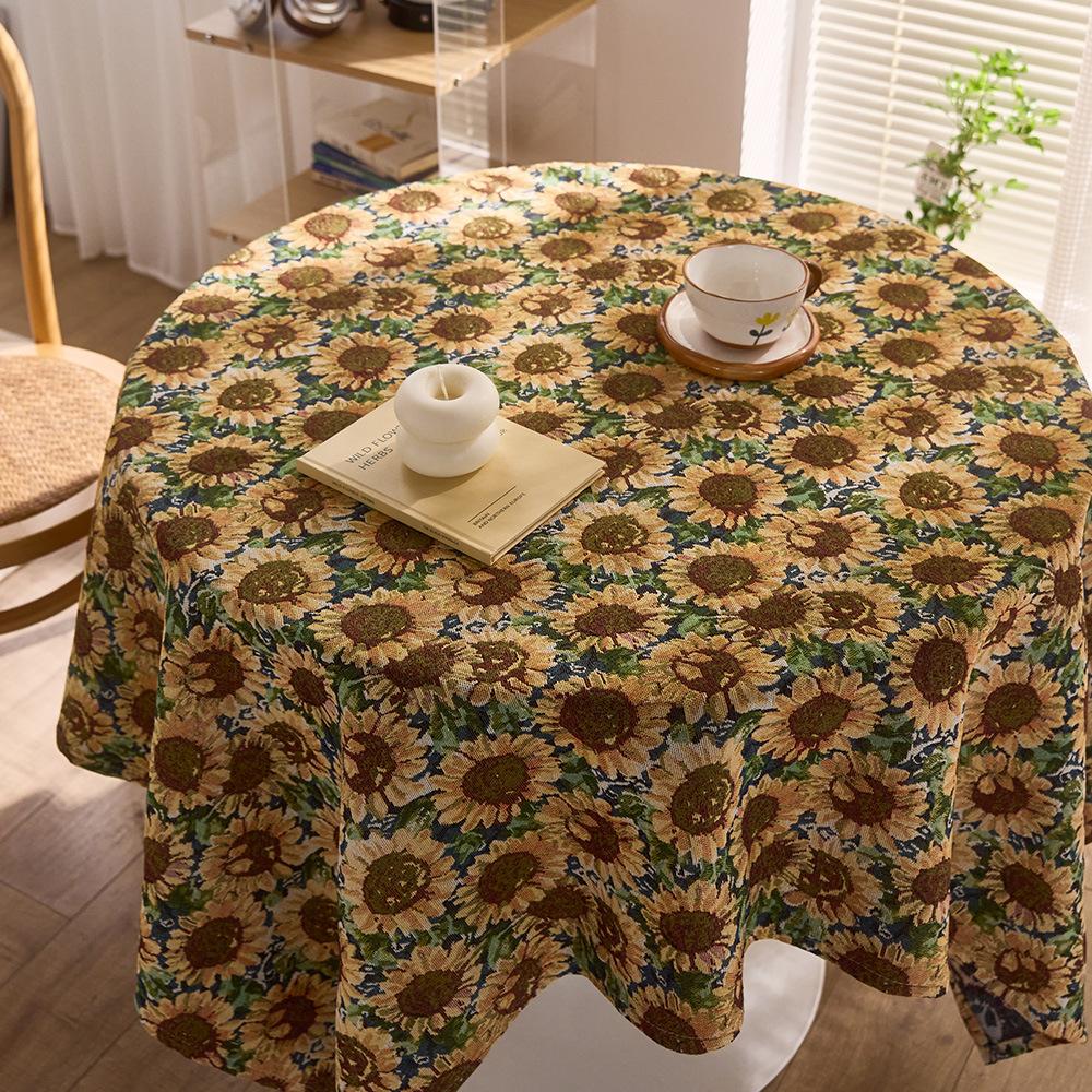 Vintage Sunflower Dining Table Fabric Coffee Table Cloth Round Color Woven Jacquard Tablecloth Pastoral Oil Painting Decorative Cover
