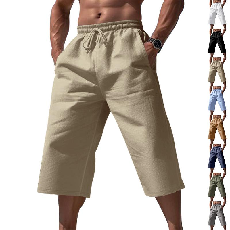 Herren Kordelzug Elastischer Bund Caprihosen Imitation Leinen Locker Mehrfarbig Atmungsaktiv Sommer Freizeit Verkürzte Hosen