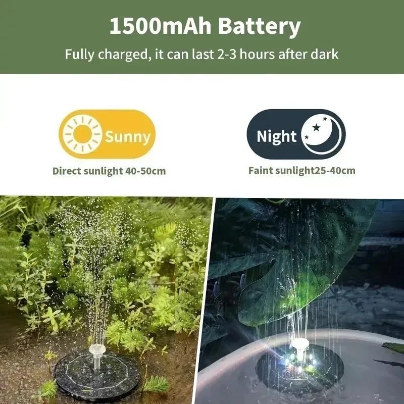 Solar Fountain Water Pump with 12 LED Lights & 1200mAh Battery - 9 Nozzles, Floating Style for Bird Baths, Garden Ponds