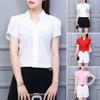 Summer Chiffon Shirt Stand Collar V-neck Petal Short Sleeve Pullover Tops Solid Color Thin Women Blouse Workwear