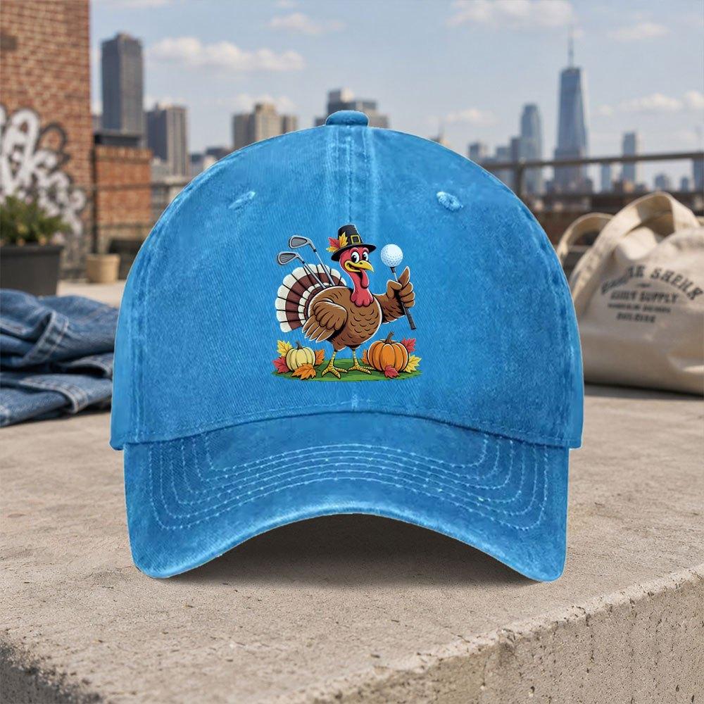 Thanksgiving Turkey Golf Vintage Washed Baseball Cap Unisex Dad Hat Casual Holiday Gift